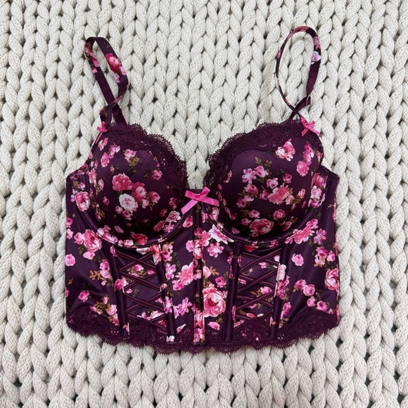 Victoria's Secret Other - NWT Victoria’s Secret Dream Angels Burgundy Floral Lace Up Corset Bra Top Sz 32C